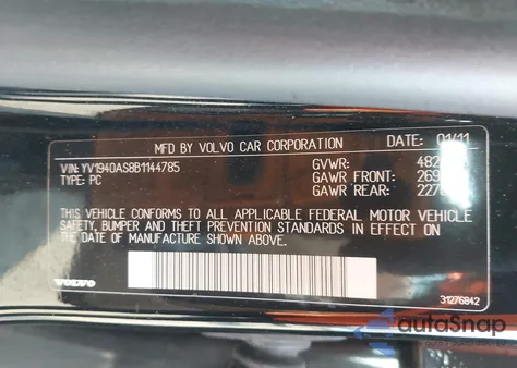 2011 Volvo S80 3.2 z USA, uszkodzony, nr VIN YV1940AS8B1144785